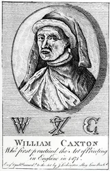 Porträt von William Caxton und sein Druckerzeichen